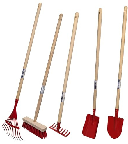 Land-Haus-Shop Kinder Gartengeräte Set, 5er Set ROT mit Besen | Besen, Spaten, Harke, Rechen, Schaufel, Spielzeug Garten Geräte massiv
