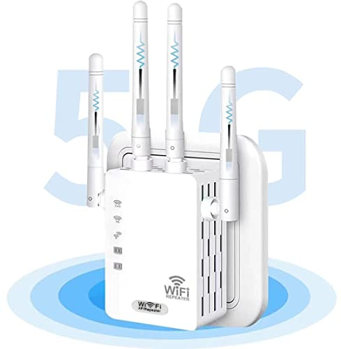 WiFi Booster Range Extender 1200Mbps, WiFi Signal Amplifier Dual Band 5GHz & 2.4GHz, 4 Antennas WIFI Signal Booster Repeater with Ethernet Port, Wireless Internet Booster/Hotspot with Wider Coverage