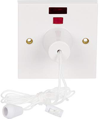 Invero Standard Ceiling Pull Cord Light Switch 2 Way 45 Amp with Neon Indicator - Ideal for Bathrooms and Utility Rooms - White