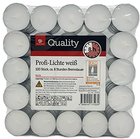 Teelichter weiß ohne Duft Großpackung | 4 Std. | 6 Std. | 8 Std. auch Maxi(8 Std. Teelichter + 1 HL Kauf Notizblock, 100 Stück)