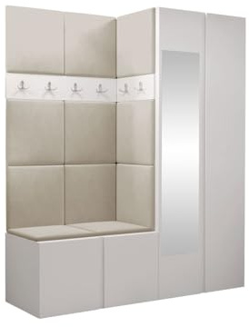 Mirjan24 Garderoben-Set Monati XII, Kleiderschrank mit Spiegel, Schuhschrank, 2X Kleiderhakenbrett, Gepolstertes Paneel/Wandpaneel, 6 Doppelhaken, Flurgarderobe, Wandgarderobe (Weiß, Manila 02)