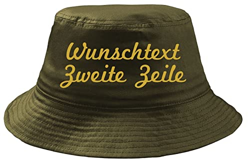 Fischerhut Wunschtext Druck - Oliv - Schreibschift - Bucket Hat Druckfarbe: Gold-OneSize