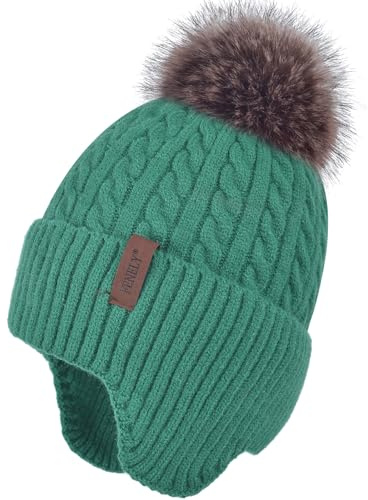FENELY Women Winter Beanie Hat Knit Earflap Hats Warm Thick Fleece Lined Soft Skull Cap with Fashion Cute Faux Fur Pom Outdoor Indoor Green Cold Weather Snow Ski Running