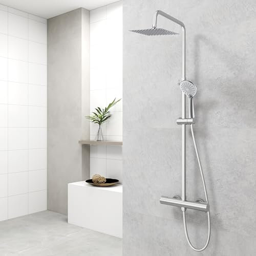 Colonna Doccia, AICA ITALY, Soffione Doccia Quadrato 20x20cm Acciaio Inox con Rubinetto Termostatico Diametro 40mm, Doccetta 3 getti, Saliscendi Doccia Regolabile 735-1170mm, cromo