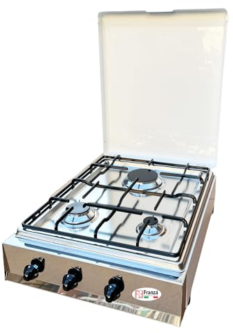 Fornello 3 fuochi a gas GPL con piano in acciaio inox estraibile per uso esterno Valvolato Made in Italy completo di regolatore di pressione e 1500 mm. di tubo gas - 330/AGPS