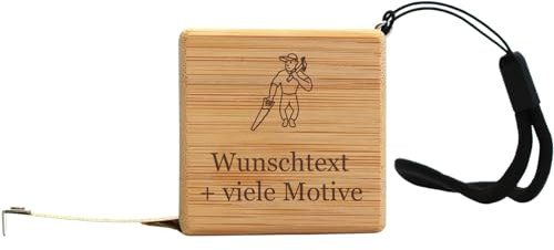 Maßband Bambus mit Gravur - Name + Motiv, Rollmaßband mit Endhaken, Bandmaß personalisiert als Geschenk für Heimwerker, Hobbyhandwerker, selbst aufrollendes Taschenbandmaß