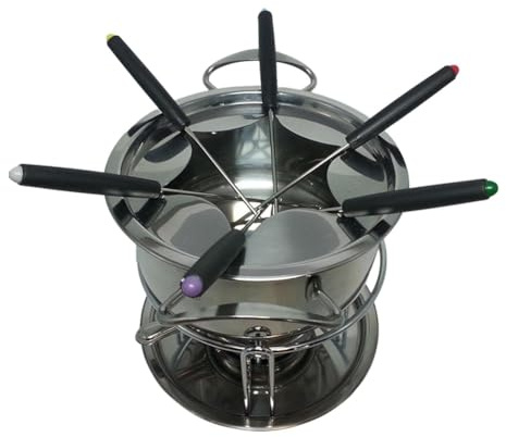 Quystetes Ensemble de Caquelon à Fondue Pot à Fondue Polyvalent Camping en Plein Air avec 6 Bâtons Pot à Fondue au Chocolat et au Fromage en Acier Inoxydable