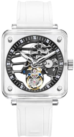 SEAKOSS Aesop - Reloj mecánico Tourbillon transparente con diseño de esqueleto ahuecado, zafiro de lujo, impermeable, automático, para hombre, Piedra preciosa blanca