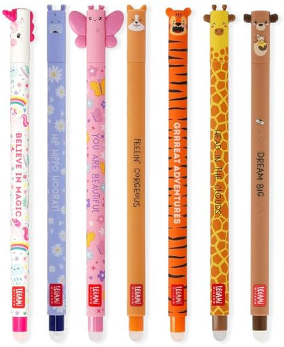 LEGAMI Set mit 7 radierbaren Gelstiften mit thermoempfindlicher Radiertinte, verschiedene Tintenfarben und Schaftdesigns, 0,7 mm Spitze, Einhorn, Nilpferd, Schmetterling, Corgi, Tiger, Giraffe,