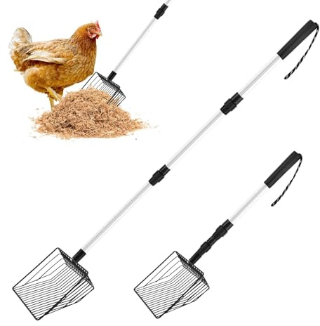 Ranjaner Große Metallschaufel für Hühnerkott, dehnbar, lang, 4-in-1, multifunktional, robuste Streuschaufel (schwarz, Größe: 55,9 bis 106,7 cm)