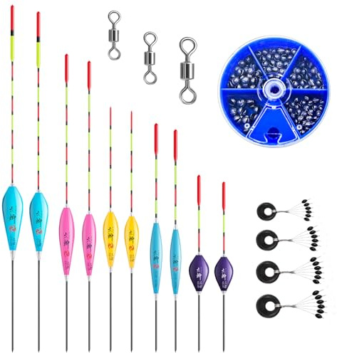 BEELUKY Posen Angeln Set 10 Stück Schwimmer Angeln Angelposen Posen Set mit 100 Bleischrot Angeln 3 Achter Spannringe und 4 Angeln Bobber Stopper Angel Posen Set für Friedfisch Pose und Forellen