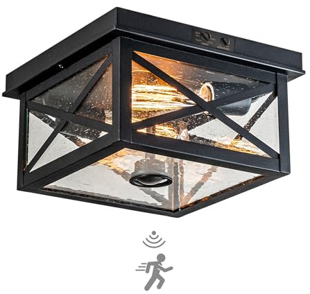 FTL Plafonnier Exterieur Detecteur de Mouvement, Noir Luminaire Porche avec Capteur Crepusculaire en Verre à Bulles, E27 Plafonnier Garage à 2 Lumières avec Réglable Sensor pour Porte d'entrée, Jardin