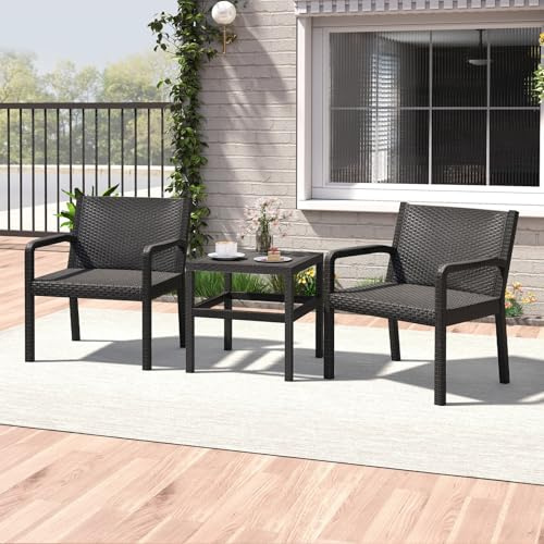 GIANTEX Rattan Gartenmöbel Set, Balkonmöbel Kleiner Balkon, Terrassenmöbel Outdoor Wetterfest aus PP, Balkonset 2 Personen, Balkonmöbel Set 3 teilig 2 Sessel & Tisch, Garten Sitzgruppe Möbelsets
