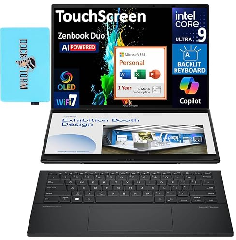 ASUS Zenbook Duo AI Powered 2-in-1 Laptop 14.0 Touchscreen OLED WUXGA Display (Intel Ultra 9-285H, 32GB LPDDR5X, 4TB PCIe SSD, Backlit KB, Win 11 Pro) w/MS 365 Personal, DKZ USB Port Expander