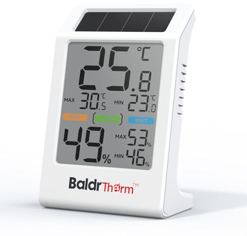 BaldrTherm Termometro per ambienti interni, misuratore di umidità a energia solare, grande monitor digitale con sensore di temperatura da 3,2, lettura massima/minima (bianco 1P)