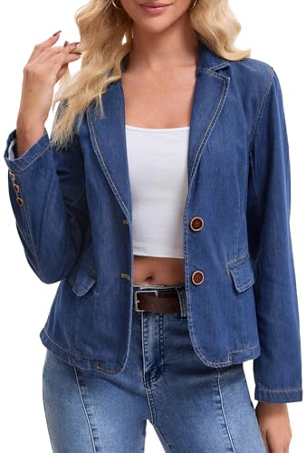 CIMUK Women's Denim Jacket Notched Lapel Collar Long Sleeve Button Lightweight Fitted Denim Blazer Large Dark Blue