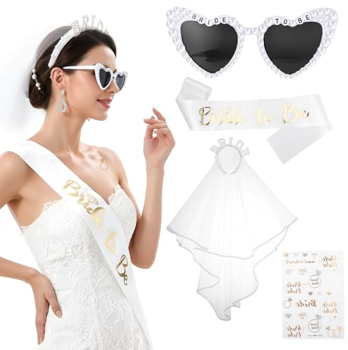 saerryor 4 Pcs Bride to Be Sash and Veil Tattoos Heart Sunglasses Set | Hen Party Accessories Bride Sash and Veil Headband Bachelorette Party Accessories for Bridal Shower Wedding