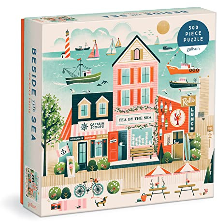 Galison Beside The Sea – 500 Piece Puzzle Fun and Challenging Activity with Bright and Bold Artwork of Charming Village and Sea Scenery for Adults and Families