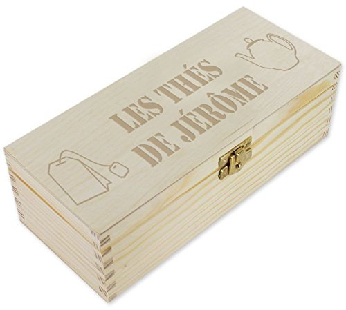 Geschenkegarten Teekiste mit 3 Fächern graviert mit Tee-Beutel und Teekannenmotiv und mit Text personalisierbar