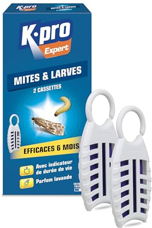 K.PRO Cassettes anti-mites et larves des vêtements lot de 2 | 6 mois de protection, efficace adultes larves et œufs, parfum lavande, à suspendre en penderie