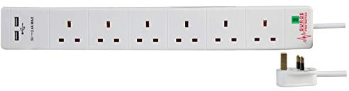 Pro Elec PEL00114 6 Way 2 USB Surge Protected Extension Lead, 3m Length, White