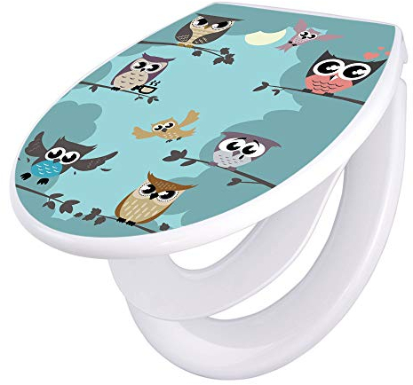 banjado Familien WC Sitz mit Absenkautomatik 44,5x37cm / Klodeckel/Klobrille mit Kindersitz aus hochwertigem Polypropylen/Toilettensitz Kindersitz integriert Motiv Acht Eulen
