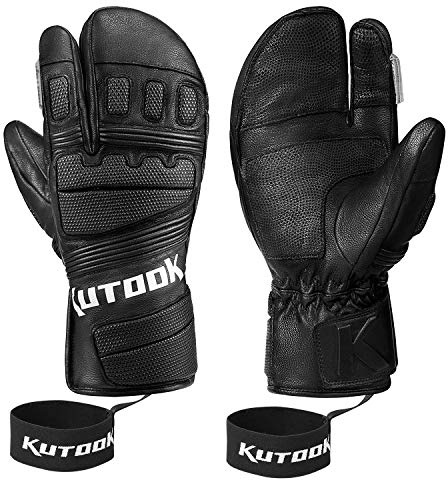 KUTOOK Skihandschuhe 3M Thinsulate Wasserdicht Ziegenleder Fäustlinge Eva HIPORA Winddicht Strapazierfähig 3 Finger Winterhandschuhe Herren Damen für Ski Snowboard Wintersport(GS515)