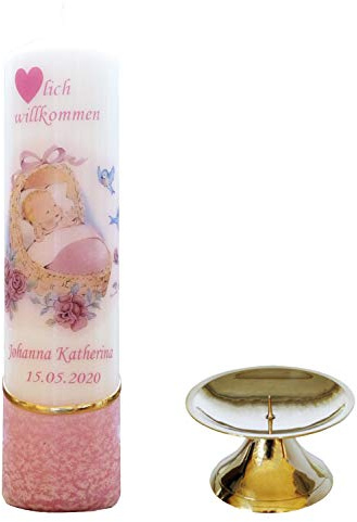 AUSWAHL - Lebenslicht / Geburtskerze / Geburtstagskerze ''Herzlich Willkommen'- rosa - ca. 60x240 mm - inkl. Messingständer - farbig getaucht - personalisiert mit indiv. Name und Datum - (Motiv 005)