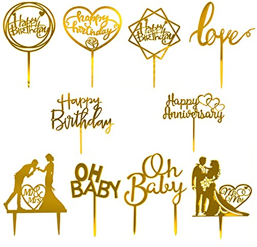 Tårta topper, grattis på födelsedagen cupcake toppers tårtdekorationer för bröllop, baby shower tema (10 stycken)