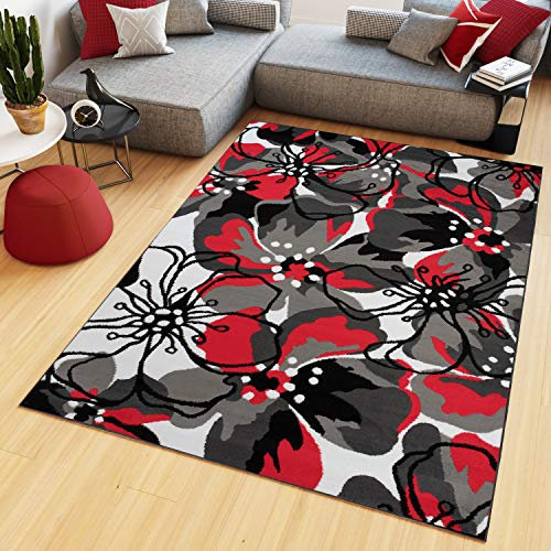 TAPISO Maya Teppich Wohnzimmer Kurzflor Modern Floral Blumen Design Schwarz Grau Rot Weiß Schlafzimmer Kinderzimmer ÖKOTEX 458947 250 x 350 cm
