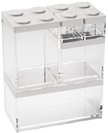 OMADA Set 4 Portaspezie + 3 Contenitori per Alimenti, Coperchio Mattoncino | Set Misto di 3 Contenitori Trasparenti Impilabili e 4 Porta Spezie, Collezione Brickstore