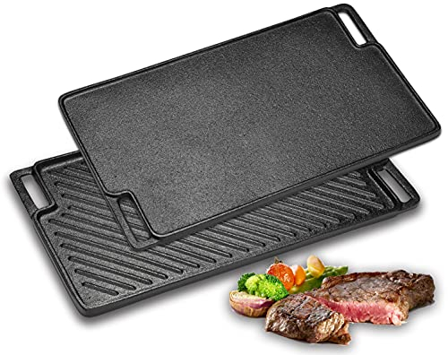Velaze Cast Iron Griddle & Grill Pan for Gas & Electric Hobs - 45.5 x 26cm, Double-Sided Usable for BBQ, Camping & Garden