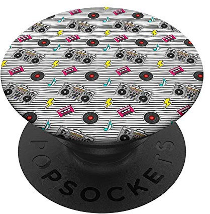 Farbenfrohe Kassetten-Boombox im 80er-Jahre-Muster-Design. PopSockets mit austauschbarem PopGrip