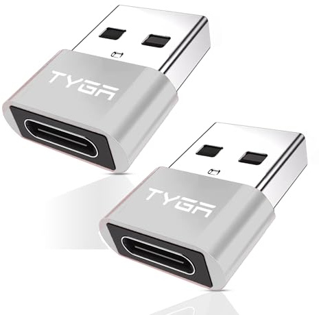 TYGA USB C to USB A Adaptor 2.0 - USB C Female to USB A Male Connector for Charging & Data Transfer, Plug-and-Play, Durable Aluminum Housing, Portable Converter for Android & IOS Devices - 2 Silver