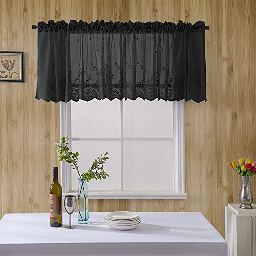 A.Monamour Gardine Scheibengardinen Kurzstores Kurzer Vorhang für Küche Schrank Tür Bestickte Spitze Sheer Voile Vorhänge Kleines Halbes Fenster Volant Stoff Küchenvorhang Fensterbehandlung - Schwarz