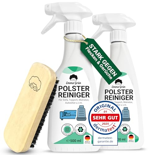 Emma Grün Polsterreiniger 2x500ml + Bürste – Sofa, Teppich, Auto & Matratze | Tiefenwirksam gegen Flecken & Gerüche · für Polster, Stoff & Autositze · inkl. Bürste · geeignet für Sofa, Teppich & Matratze