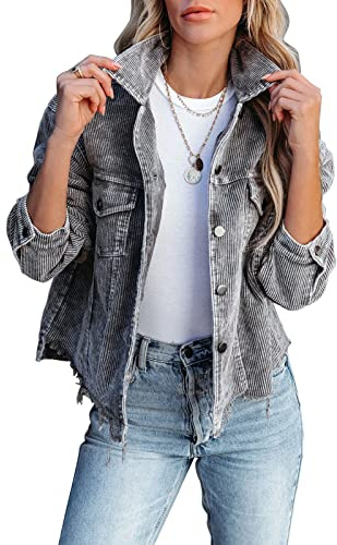 LCRRRN Damen Cropped-Cordjacke, leger, Knopfleiste, Mantel, Fransen mit ausgefranstem Saum, grau, X-Large