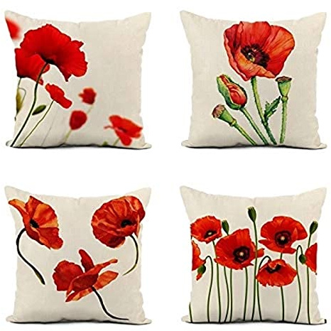 Yoonqun 4er Set kissenbezüge 35x35cm Modern Quadratische Leinen Zierkissenbezug mit unsichtbarem Reißverschluß Dekorative Kissenhüllen für Schlafzimmer Wohnzimmer Büro Garten Sofa,Rote Mohnblume