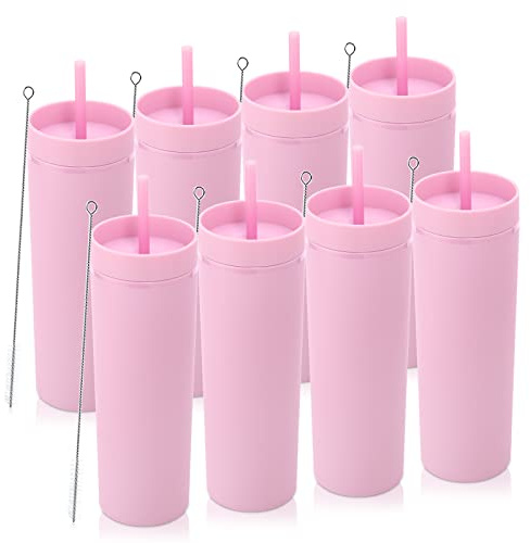 Volhoply 600ml Tumbler en Plastique Réutilisables Lot de 8,Tasse en Plastique à Double Paroi avec Couvercle et Paille,Gobelets à Café en Acrylique de Matte Libre BPA pour Soirées,Cadeaux(Rose,8 Set)