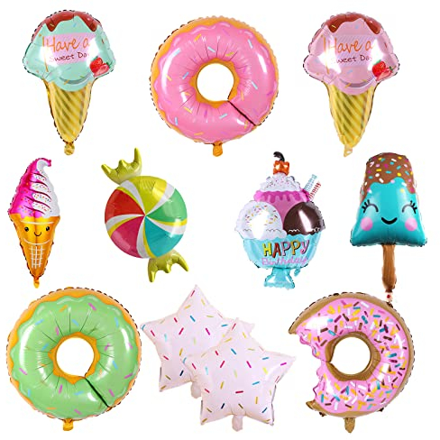 11 Candy Ice Cream Donut Foil Globos Set，Globos de Helado en Forma de Rosquilla para Comunion Cumpleaños Niñas Baby Shower Bodas Aniversario Decoraciones