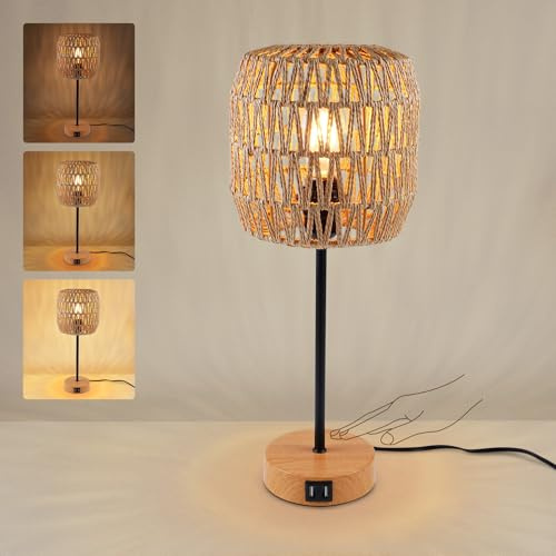 HYMELA N02 Boho Rattan Table Lamp Touch Control Dimmable Bedside Lamp with Plug-in Cord Woven Shade IImitation Wood Metal Base Farmhouse Nightstand Lamp with USB Port for Bedroom (Bulb Included)