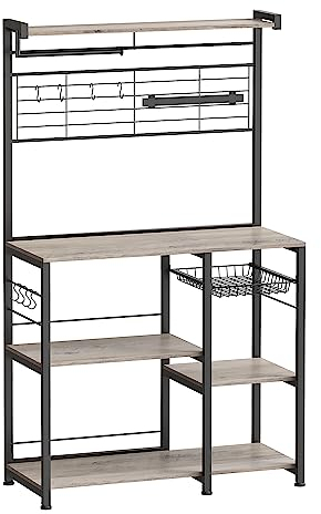 VASAGLE Küchenregal, Standregal, Regal, Kücheninsel mit Magnetleiste für Messer, Drahtkorb, Küchenrollenhalter, 12 Haken, Greige-schwarz KKS026B02