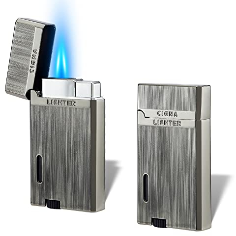 Futlidys 2 Pack Double Jet Flame Gas Lighter with Protect Cover, Butane Refillable and Adjustable Flame Windproof Torch Lighter, Vintage with Brushed Pattern. Grey(Sold without Gas)