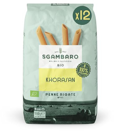 Sgambaro Pasta Bio 12 Pack da 500 g Penne Rigate n.91 di Grano Khorasan - Antico Grano Proteico, Coltivazione 100% Italiana - Versatilità in Cucina e Ricchezza Nutrizionale