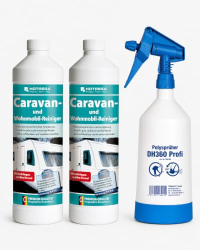 HOTREGA Caravan Reiniger Konzentrat 2 x 1L | Wohnmobil Außenreinigung Set | Inkl. Sprühflasche | Entfernt Regenstreifen & Umweltrückstände | Ideal für Markisen, Vorzelte sowie Reisemobile