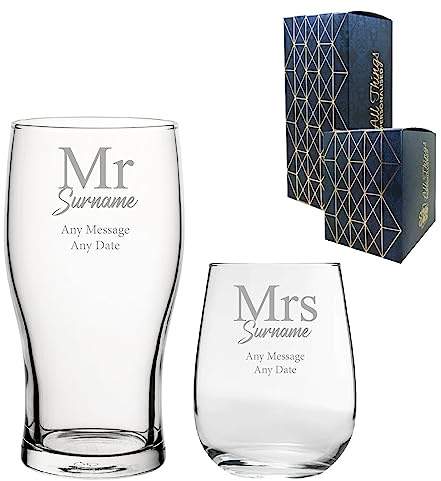 Personalised Engraved Mr and Mrs Surname Beer and Stemless Wine Glass Set, Wedding or Anniversary, Gift Boxed, Couples Gift, Classic Font, Engraved in The UK