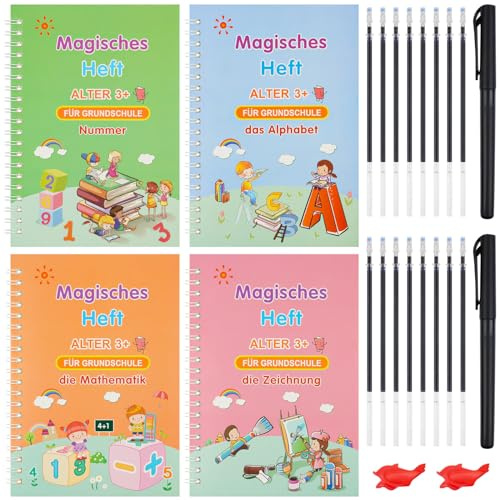 OFFCUP Magisches Heft, 4pcs Magisches übungsheft deutsch | Calligraphy Wiederverwendbares Workbook mit 2 Stifthaltern 16 Stiftminen, 2 Schreibhilfe-Silikongreifern (zufällige Farben)