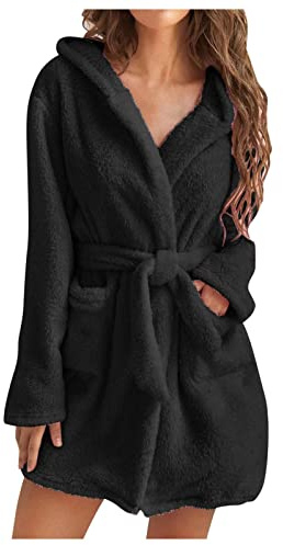 MJGkhiy Accappatoio Donna Corto Con Cappuccio Calda Vestaglia Invernale Pile Con Cerniera e Tasche Morbida Pigiama Kimono Vestaglia Camicia da Notte Fleece Accappatoio Felpa Abbigliamento da Notte