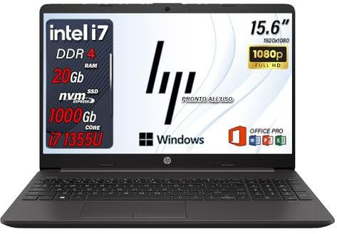 HP 250 G10, Notebook i7 Pc portatile, intel 13Th 5,0Ghz, Ram 20Gb, SSD 1 Tb, Display 15.6 FHD, Windows 11 Pro, Office Pro, Laptop i7 pronto all'uso (Omaggio Custodia Notebook/Supporto smartphone)