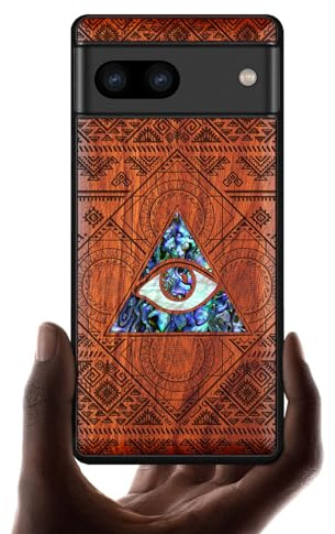 Carveit Designer Wooden Case for Google Pixel 8 Case Protective Cover [Wood Engraving & Shell Inlay] Compatible with Wireless Chargers Pixel 8 Case (All-Seeing Eye-Red Wood)